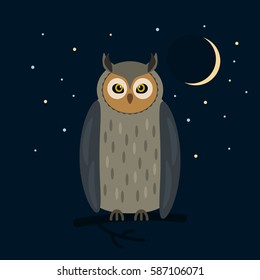 Owl sitting on a branch at night. flat vector illustration