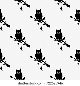 Owl sitting on branch. Vector stock illustration. Seamless pattern