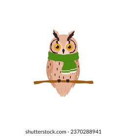 Owl sitting on branch wearing green scarf, cartoon flat vector illustration isolated on white background. Cute wild animal drawing. Childish bird character.