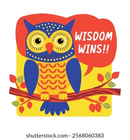 An owl sitting on a branch with wisdom wins text, flat style sticker