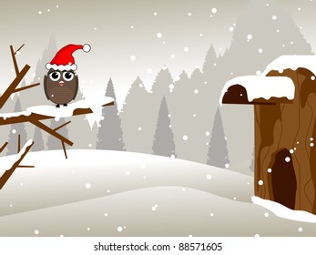 a owl sitting on dry tree branch with santa cap for Merry Christmas