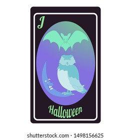 An owl sitting on the edge of the moon, a terrible night and a bat - Halloween symbols are depicted on a playing card representing a jack.