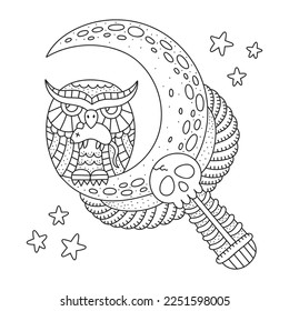 Owl sitting on the magical witchy wand with crescent moon, skull and wings. Night animal. Mysterious fantasy art. Coloring page. Hand drawn cartoon vector illustration. Black and white. Isolated