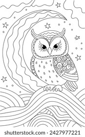 Owl Sitting On Moon Is A Coloring Book Page For Children And School Students