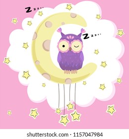 Owl sitting on the moon. Vector illustration.