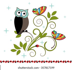 Owl sitting on a perch ladybugs and butterflies