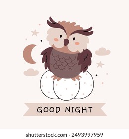 An owl is sitting on a pumpkin. Good night text. Cute cartoon Bohemian scandinavian nursery posters in beige and gray colors. Boho vector print