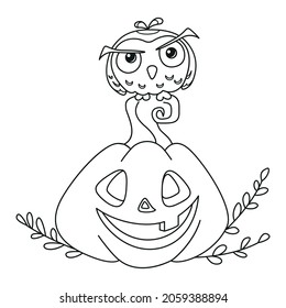 Owl sitting on pumpkin for Halloween coloring page. Black and white cartoon illustration