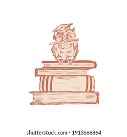 owl sitting on stack of books. vector still life. education logo. 