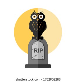 Owl Sitting on Top of Graveyard Flat Icon Illustration for Halloween