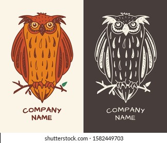 Owl sitting on the tree branch. Logo for book club or children education center. Editable stroke