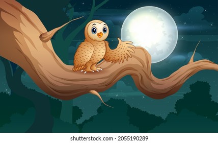 Lechuza sentada en una rama de árbol en ilustración nocturna