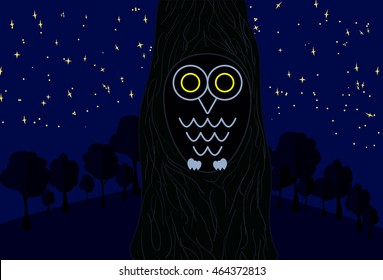 Owl sitting on the tree in the dark night. Stars shining bright. Flat design forest