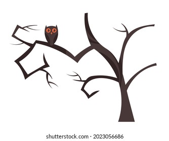 Owl sitting on tree with fallen leaves. Halloween design element.