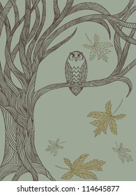 Owl sitting on a tree and falling leaves