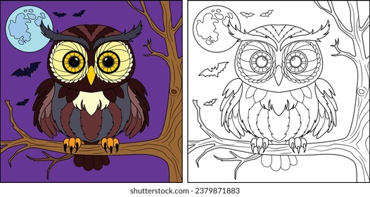 owl sitting on a tree halloween night bat