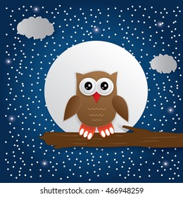 Owl sitting on a tree in starry night, vector background