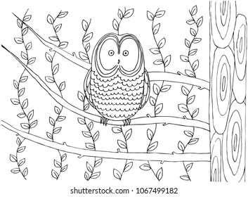 Owl sitting on the tree
Vector illustration on transparent.
Hand-drawn picture for coloring book.