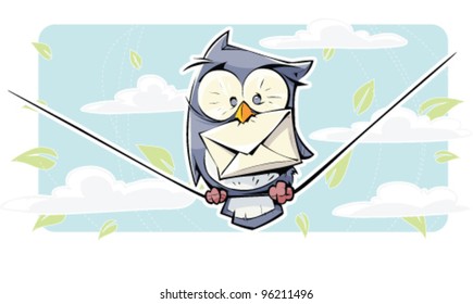 Owl sitting on a wire with an envelope