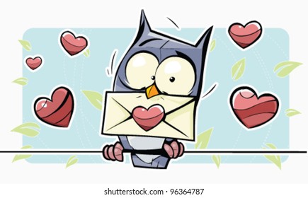 Owl sitting on a wire with an envelope