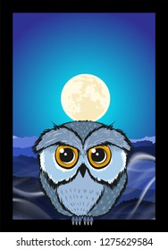 Owl sitting upon a tree branch with a large moon rising in the background
