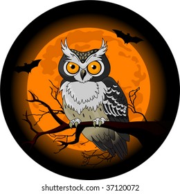 Owl sitting upon a tree branch with a large moon rising in the background