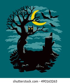 Owl sitting upon a tree branch in scary forest