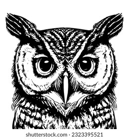 Owl. Sketch, drawn, graphic portrait of an owl on a white background