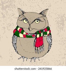 Owl sketch. Hand drawn vector illustration of an owl dressed  in a striped scarf.