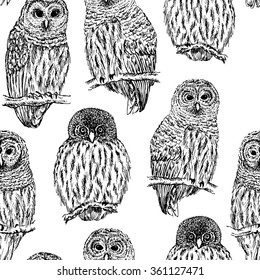 Owl sketch seamless pattern. Hand drawn vector illustration.