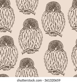 Owl sketch seamless pattern. Hand drawn vector illustration.