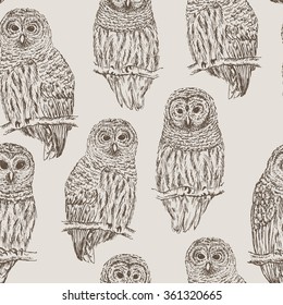 Owl sketch seamless pattern. Hand drawn vector illustration.