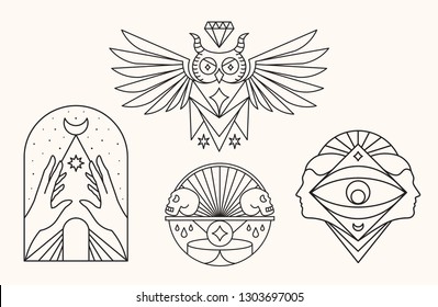 Owl, skull, eye and face. Mystic Symbols vector illustration.