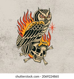 owl with skull and fire artwork vector design