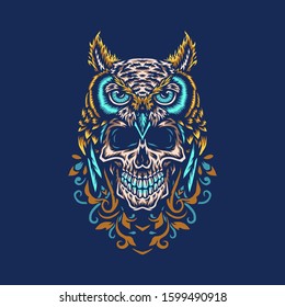 Owl with skull, hand drawn line with digital color, vector illustration
