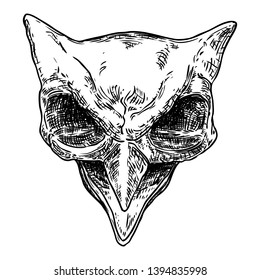 Owl skull isolated on white. Hand drawn art sketch. Bird head. Witchcraft magic, occult attribute decorative element. Vector.