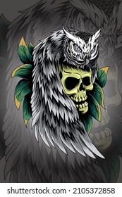 Owl skull with leaf vector illustration