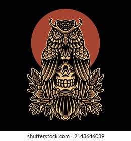 owl, skull and rose under the moonlight vector illustration