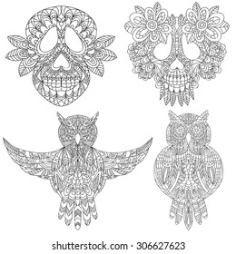 Owl and skull sketchs - decorative elements set isolated vector illustration