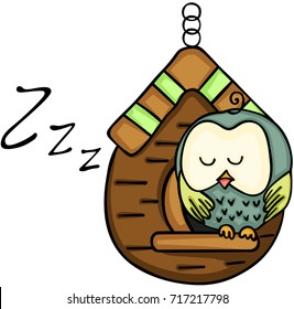 Owl sleeping on wooden cage
