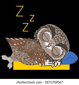 owl sleeps with its head on the pillow, color vector emoticon in cartoon style on black isolated background with inscription Zzz