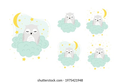 Owl, owl sleeps on a cloud, moon and stars, A set of cute children's illustrations in the Scandinavian style, for children's printing, decor, T-shirt printing, vector illustration.