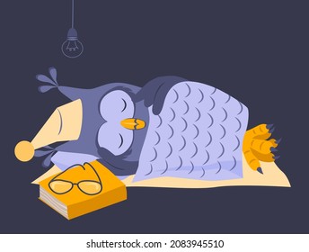 Owl sleeps on a pillow under a blanket. A nightcap is on his head. There is a book and glasses in front of the owl. Cartoon vector illustration, isolated on dark background