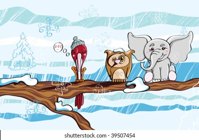 owl slipping on the branch with another bird surprised to see the elephant next to him