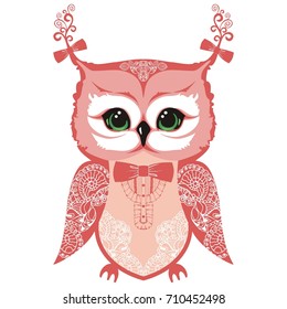 Owl is a small, charming and elegant bird girl with lace patterns and bows.
 Printed baby t-shirt vector illustration isolated white background.