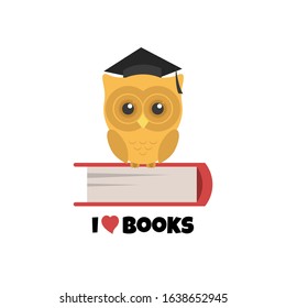 Owl. Smart owl in graduate cap sits on the book. Wise owl - learning symbol. Cute cartoon character. Vector illustration isolated on white background