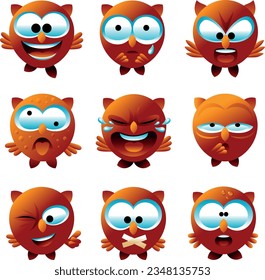 Owl smiley face icons or animal emoticons with cartoon face expressions and emotions. All characters are isolated on white. Full vector illustration.
