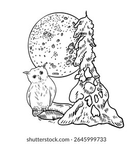 Owl and snow covered tree under moonlight hand drawn black white outline vector illustration. Monochrome winter landscape scene sketch for holiday prints, rustic compositions, forest Christmas cards.