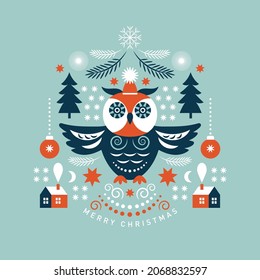 Lechuza con copos de nieve y elementos de diseño. Tema de Navidad y Año Nuevo