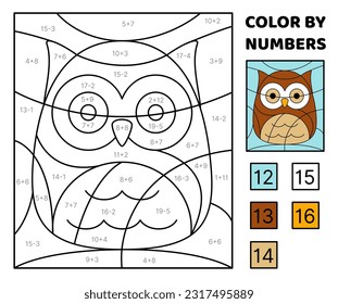 Owl. Solve the problem, color the picture. Addition, Subtraction. Coloring book. Kawaii, cartoon, vector. Isolated vector illustration eps 10